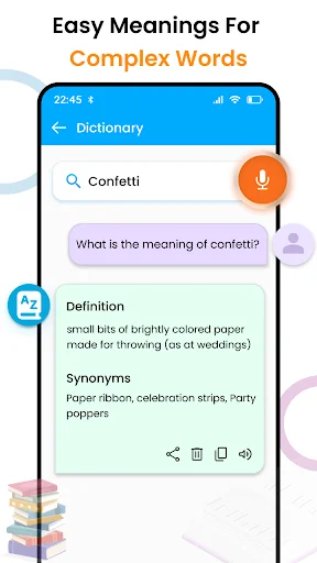 Dictionary feature with search bar, definition, and synonyms for 'Confetti' providing quick word meaning lookup and language support