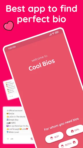Best app to find perfect bio - Welcome screen with gender category selection for Instagram bios