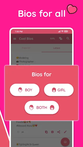 Instagram bio ideas by gender - Select BOY, GIRL, or BOTH categories for personalized bios
