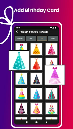 Birthday party hat sticker pack showing colorful paper hats and cone designs for video editing and customization