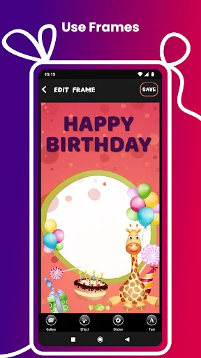 Use Frames editor displaying Happy Birthday frame with colorful balloons, birthday cake, and party decorations