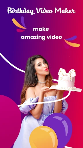 Birthday Video Maker app home screen with 'make amazing video' headline and decorative birthday cake illustration