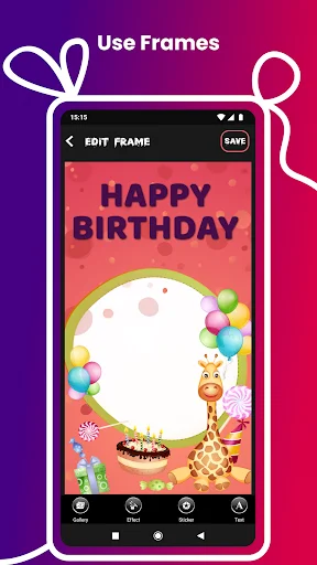 Use Frames editor displaying Happy Birthday frame with colorful balloons, birthday cake, and party decorations