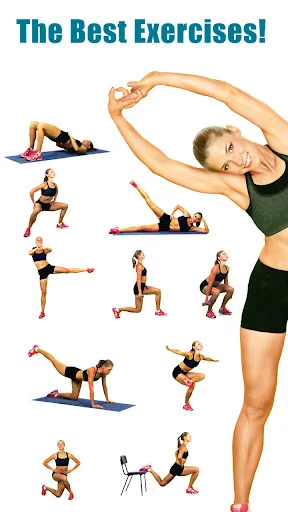 Buttocks fitness exercise selection showing leg workouts like squats, lunges, glute bridges for lean toned body results