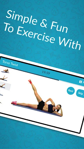 Torso Twist exercise workout screen with timer countdown and Rest Skip buttons for buttocks leg fitness training program