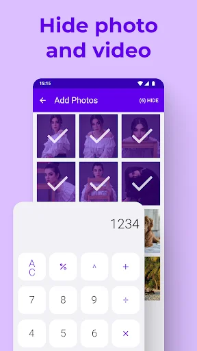 Calculator vault interface with selected photos in grid showing checkmarks above numeric keypad for secure photo hiding