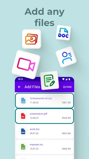 Add files screen displaying hideable file types: photos, videos, documents, and presentations with file sizes listed