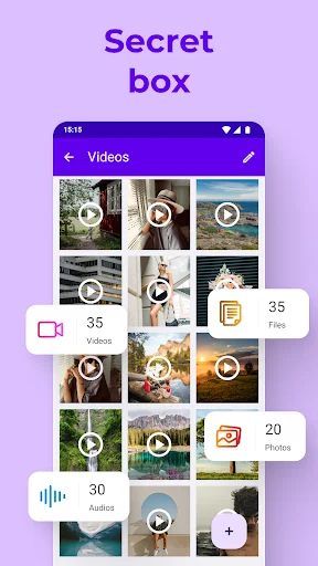 Secret vault gallery organizing hidden videos, photos, and audios with totals displayed in organized grid layout