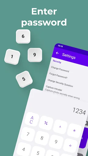 Password protection settings interface displaying calculator keypad entry method for vault security access configuration