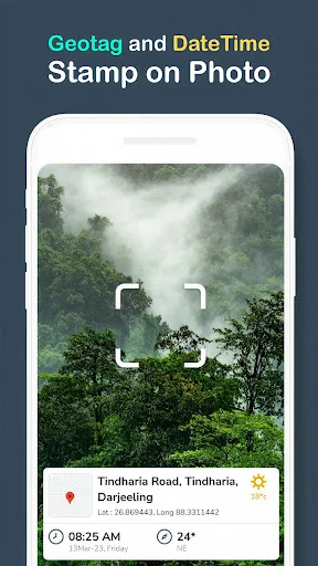 Geotagged landscape photo with location name, timestamp, and temperature data overlay in GPS Map Camera