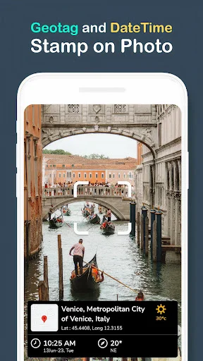 Geotagged Venice photo showing location details, timestamp, and temperature display overlay on image