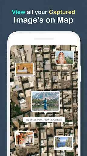 Map view displaying multiple geotagged photos overlaid on satellite map locations in GPS Map Camera app
