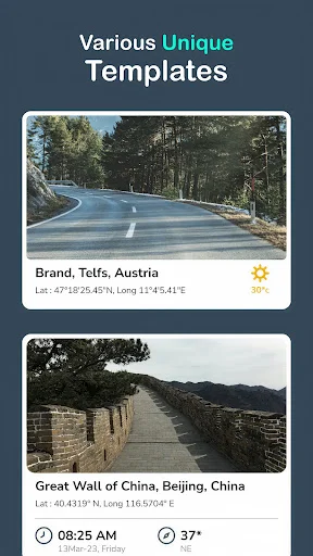 GPS Map Camera photo templates featuring geotagged images with location names and timestamp overlays