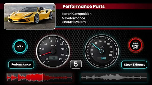 Performance car parts selector showing Ferrari with tuning options, speedometers, and exhaust sounds