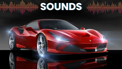 Sounds section featuring audio waveform visualization and red Ferrari sports car engine audio