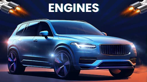 Engines category featuring turbo-charged engine flames and blue luxury performance SUV simulator