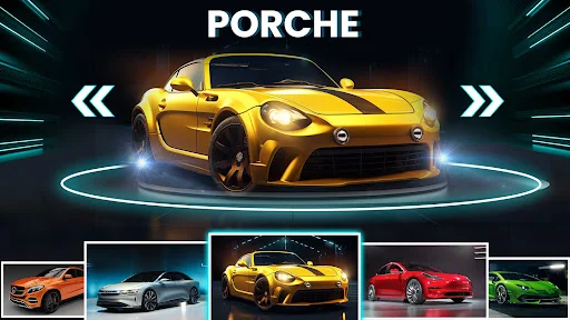 Porsche car selection screen featuring yellow sports car with navigation controls and car model thumbnails