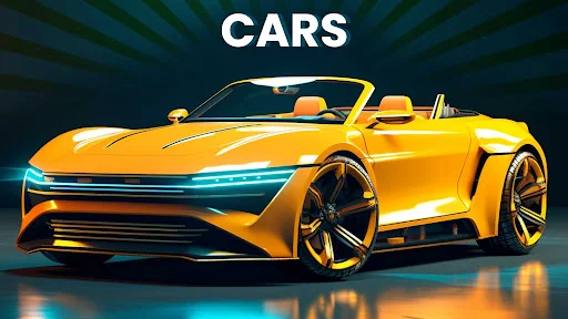 Cars selection screen displaying a bright yellow luxury convertible sports car with turquoise accents