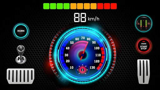 Interactive speedometer interface showing 89 km/h with engine controls, pedals, horn and speed gauge