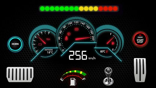 Car dashboard simulator with speedometer, RPM gauge, horn button, pedal controls, and speed indicator