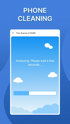 Cleaner app phone scanning progress interface showing Files Scanner analyzing junk files in real-time with status update