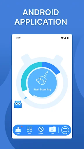 Cleaner app start scanning screen with circular progress icon, brush symbol, and navigation menu for phone cleaning tools