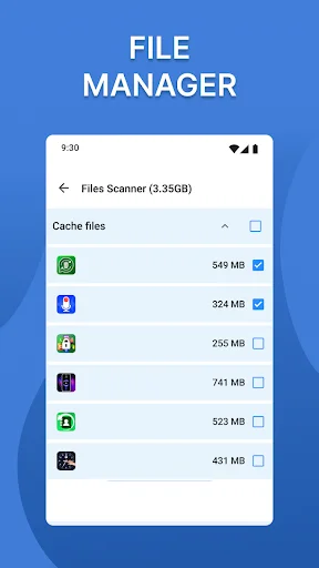 File Manager screen listing cache files with storage sizes, checkboxes for selecting items to clean on Android device