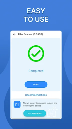 Cleaner app scan complete screen with green checkmark, done button, and file manager recommendations for phone cleanup