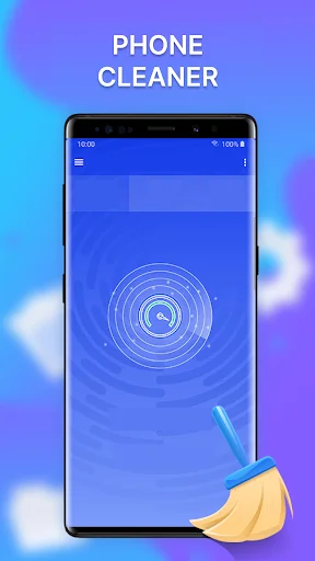 Cleaner app phone cleaning main interface showing animated scanning circle with brush icon on blue gradient background