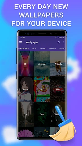 Wallpaper app section offering daily new phone wallpapers across multiple categories including abstract, animals, dark themes, and nature designs