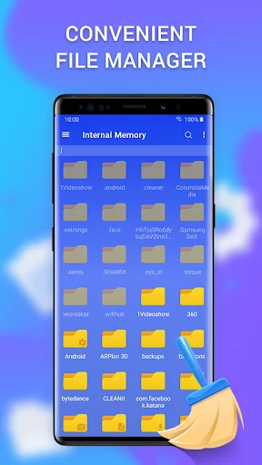 Cleaner app file manager displaying internal memory folders with organized file storage management for mobile device optimization