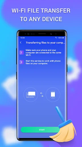 WiFi file transfer feature allowing wireless file sharing between phone and computer devices with start button and connection instructions
