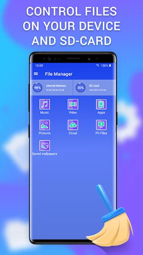 File manager control panel for organizing files on device and SD-card storage with music, video, apps, photos, and documents categories