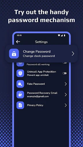 Clock Vault Settings menu displaying password management options including change password, fake password, and recovery email