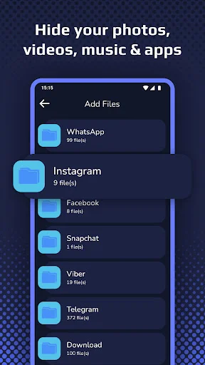 Clock Vault Add Files menu showing apps like WhatsApp, Instagram, Facebook, Snapchat to hide photos, videos, music, and app files