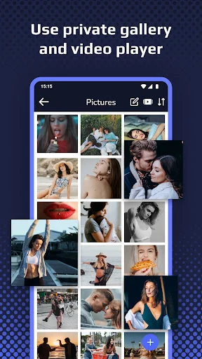 Clock Vault private gallery showing grid of hidden photos with secure video player, editing tools, and media management features