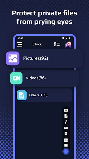 Clock Vault main vault interface displaying secure folders for Pictures, Videos, and Others with file counts and protected storage