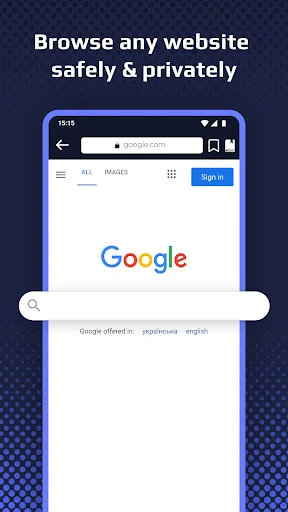 Clock Vault private browser interface displaying Google search for safe, anonymous, and secure web browsing without tracking