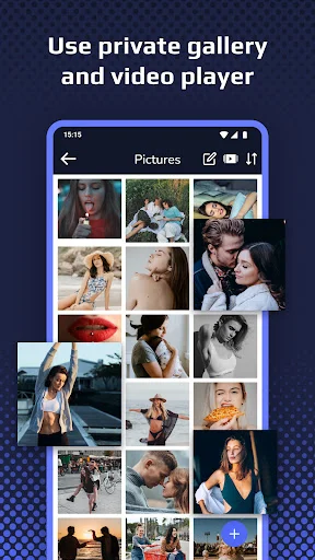 Clock Vault private gallery showing grid of hidden photos with secure video player, editing tools, and media management features