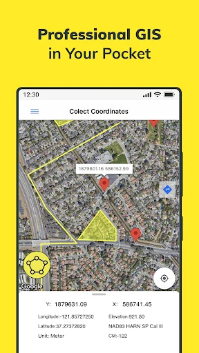 Collect Coordinates map view with red GPS markers and highlighted survey area, displaying latitude, longitude, elevation
