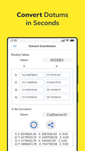 Convert Coordinates form for WGS84 to California IV datum conversion with input fields for Y and X GPS coordinates