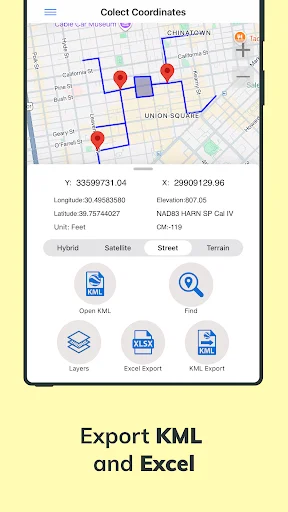 Collect Coordinates street map with red pins, polygon shapes, KML export, Excel export, and layer management options