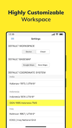 Settings screen with customizable workspace, basemap options, and global coordinate system selection for GIS projects