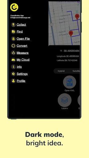 Dark mode menu showing Collect, Find, Convert, Measure, Export, and Settings options with map coordinate display