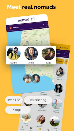 Digital nomad discovery screen showing nomad profiles on map with travel hashtags like #VanLife and #Marketing