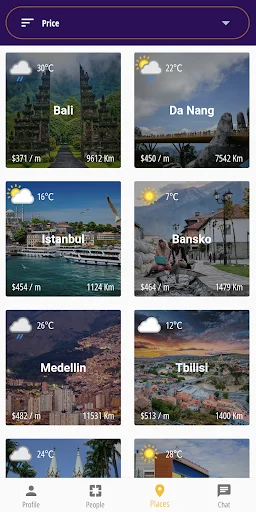 Explore destinations screen displaying nomad cities worldwide with weather icons, monthly costs, and distance information