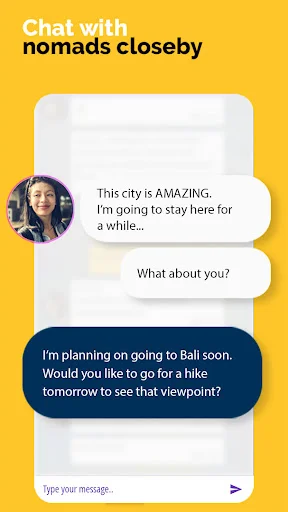 Chat screen for real-time messaging with nearby nomads discussing travel plans and activities together