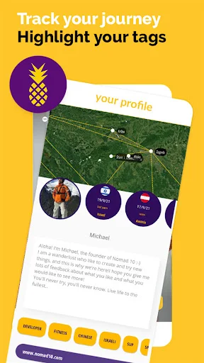 Digital nomad profile page showing personalized travel journey map with location pins and interest tags
