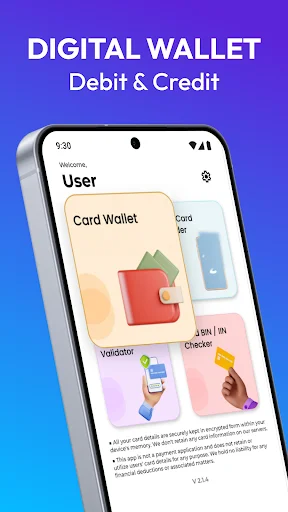 Digital wallet home screen showing card storage, validator, and features for managing debit and credit cards