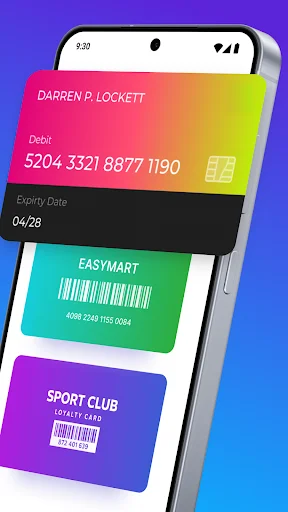 Mobile wallet displaying stacked digital cards including debit, loyalty, and club membership cards with barcodes